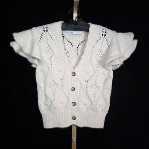 ZARA Cable-Knit Bobble Cardigan Puff Cap Sleeves, Cropped Cream